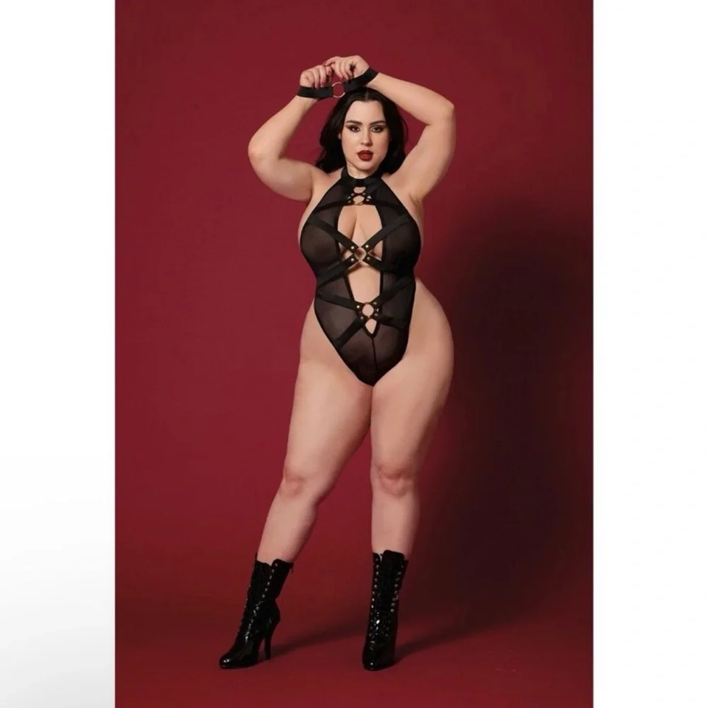 Dreamgirl Black Strappy Mesh Teddy Plus Size Queen w Wrist Restraints